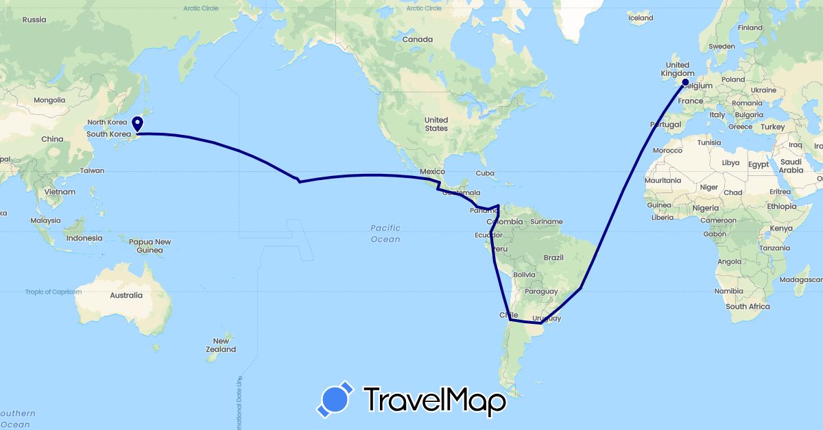 TravelMap itinerary: driving in Argentina, Brazil, Chile, Colombia, Costa Rica, Ecuador, United Kingdom, Guatemala, Japan, Mexico, Nicaragua, Panama, Peru, United States (Asia, Europe, North America, South America)